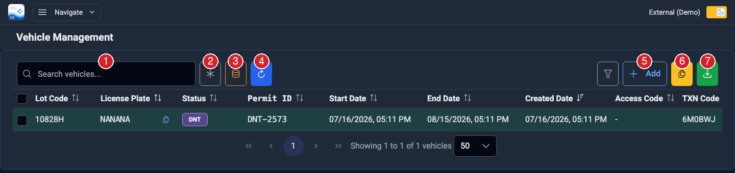 Vehicle Management list showing plates, permits, and dates
