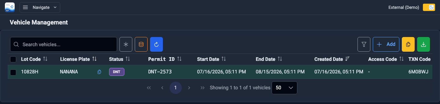 Vehicle Management list showing plates, permits, and dates