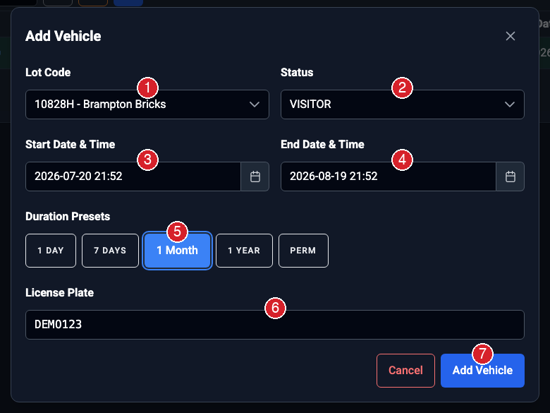 Add Vehicle dialog with lot, status, dates, duration presets, and licence plate