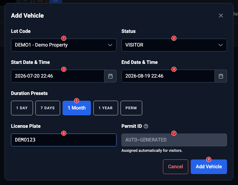 Add Vehicle dialog with lot, status, dates, duration presets, and licence plate