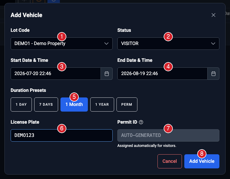 Add Vehicle dialog with lot, status, dates, duration presets, and licence plate