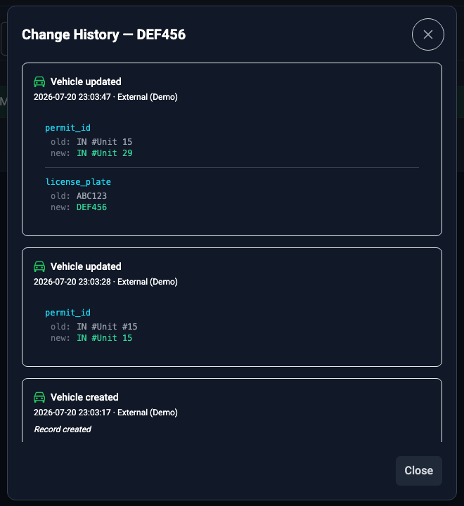 Change History dialog listing vehicle updates with old and new values